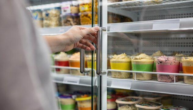 Customer hand in medium frame opening refrigerated display door focussing on vibrant hummus cups and outoffocus snack case interior.