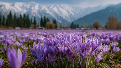 Naklejka premium A vibrant field of purple crocuses blooming with snow-capped mountains afar