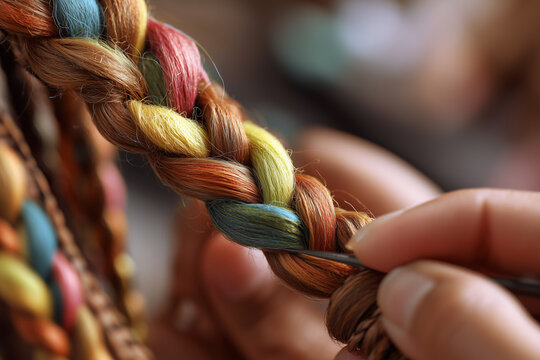 Weaving colored threads into braids showcases the skill and tradition of hair styling in various cultures and reflects a personal touch in hair fashion