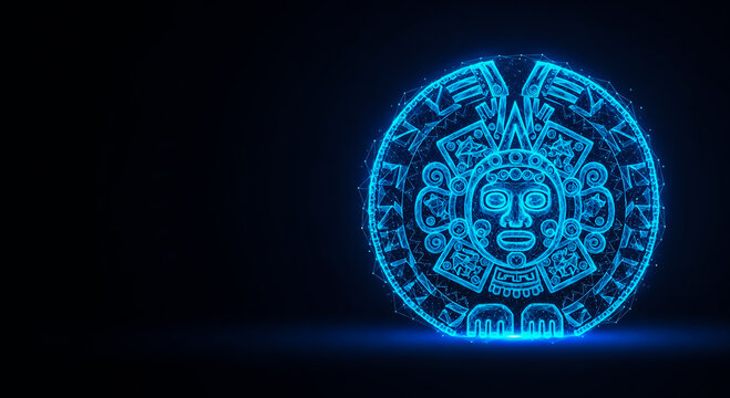A neon blue Aztec calendar stone, intricately detailed, glows against a dark background, showcasing ancient design in a modern digital style.
