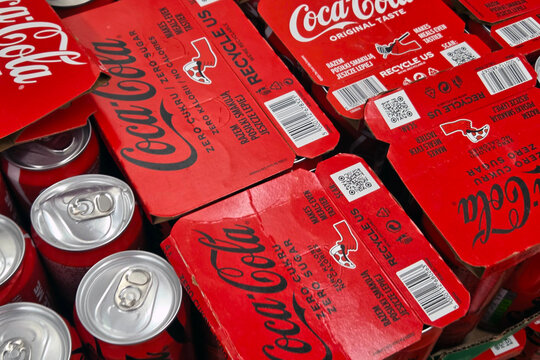 Wroclaw, Poland, April 26, 2026: Coca-Cola Zero Sugar and Original Taste Beverage Packaging for Recycling Awareness