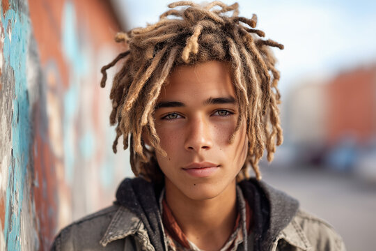 Boy with short dreadlocks stands against urban backdrop with graffiti on wall
