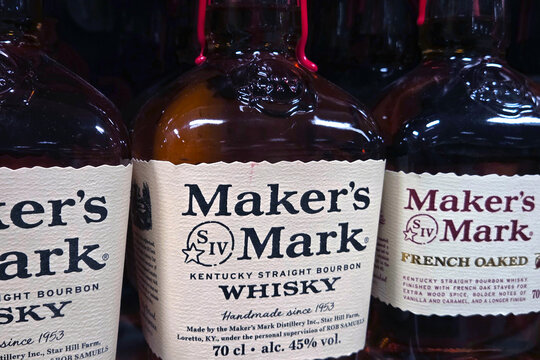 Wroclaw, Poland, April 8, 2026: Kentucky Straight Bourbon Whisky Variety Display for Beverage Marketing and Product Design