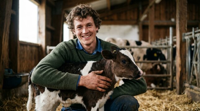 Young man holding baby calf in wooden barn. Farmer caring for newborn dairy animal on rural farm. Livestock husbandry and human animal bond concept in agriculture.