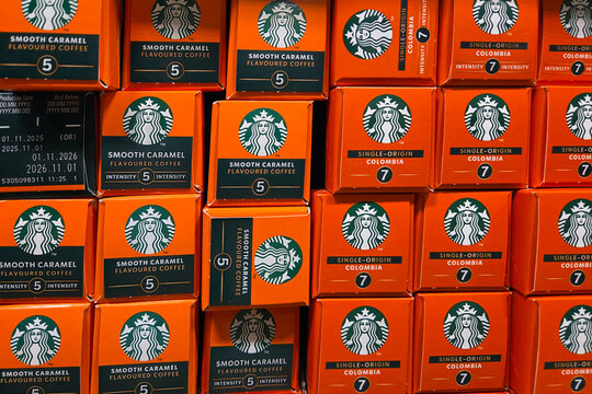 Wroclaw, Poland, April 8, 2026: Smooth Caramel and Colombian Coffee Pods Display for Retail and Branding