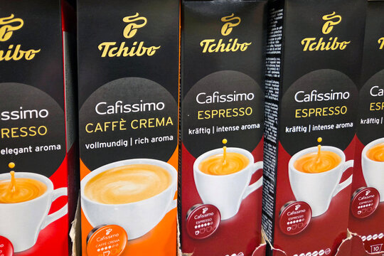 Wroclaw, Poland, April 8, 2026: Tchibo Cafissimo Coffee Selection: Caffe Crema and Espresso Varieties for Rich and Intense Aroma