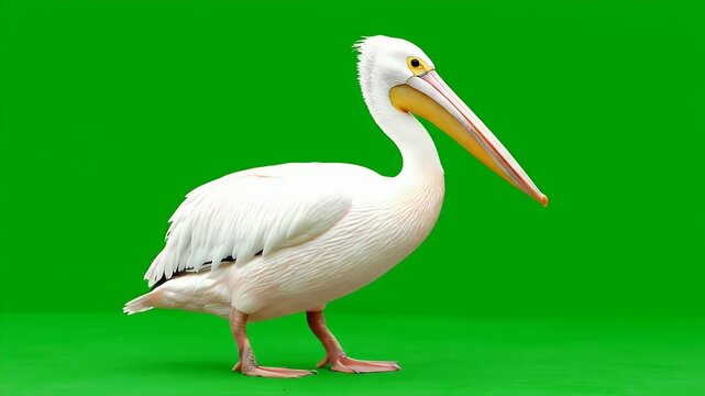 Great white pelican walking on a green screen background for microstock video clips.