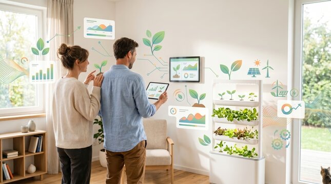 Future smart home couple analyzing holographic interface monitoring indoor vertical farming system checking real time growth data on tablet and display screen urban agriculture
