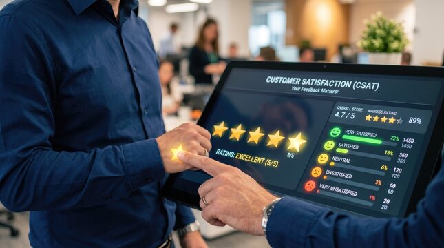 Customer satisfaction CSAT dashboard on tablet screen, businessman giving five star rating for service feedback, professional business performance metrics