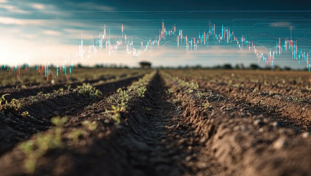 Agricultural fields with financial trading charts overlaid