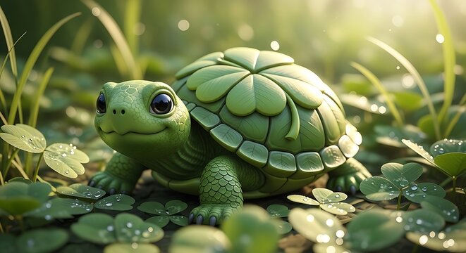 Green turtle on green leaves.