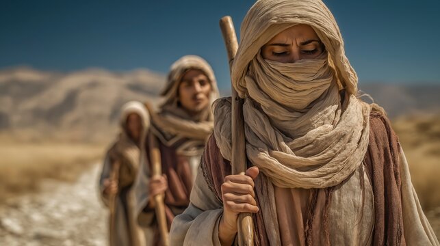 After losing everything in Moab, Naomi walks toward Judah as Ruth and Orpah stand at a crossroads, facing a painful moment of choice and separation.
