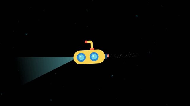 Animated toy submarine in black screen.