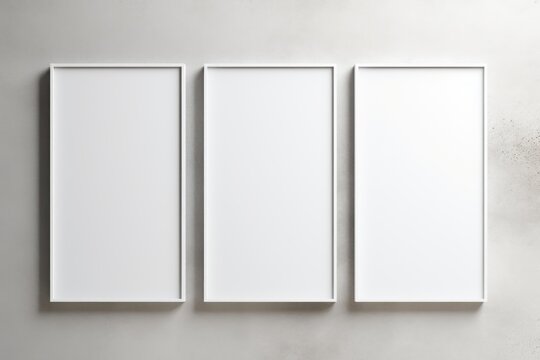 Blank poster frames creating a triptych on a gray wall, offering copy space