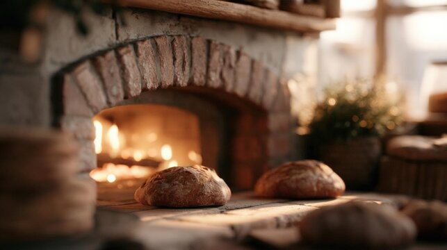 Brick oven with a fire burning inside. the oven is made of red bricks and has a wooden mantel above it.