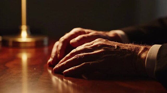 Close up of elderly hands resting on a polished wooden desk under warm light, conveying a sense of contemplation, experience, or business deliberation