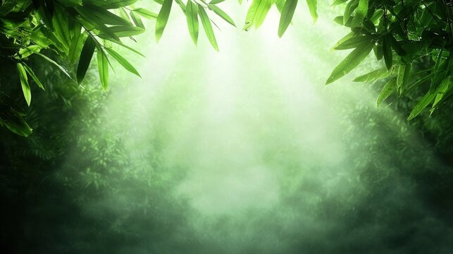 jungle rainforest Misty scene Early morning mist in a rainforest, with sunlight filtering through the fog