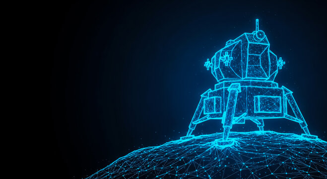A modern lunar lander spacecraft depicted in blue neon on the moon's rocky surface, evoking futuristic exploration.