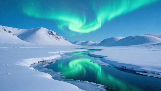 Snowy landscape with aurora borealis
