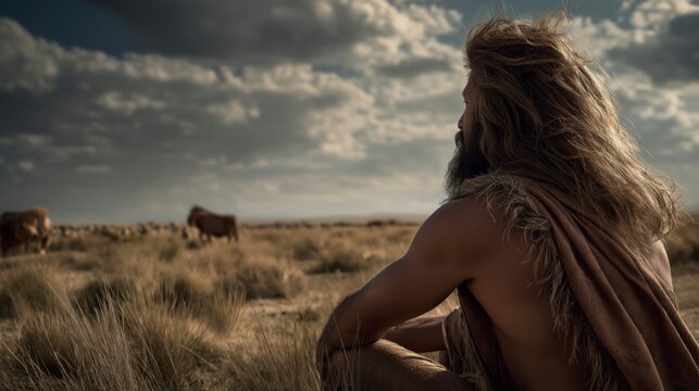 After losing his royal pride, Nebuchadnezzar wanders alone outside Babylon, broken and isolated beneath a cloudy sky among grazing animals.
