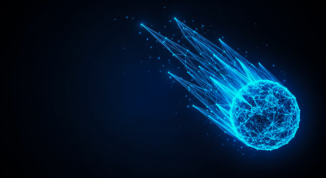 A dynamic and vibrant digital illustration of a comet with a glowing blue tail streaking through dark space, leaving a trail of light.