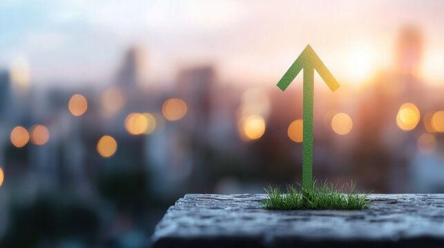 Energy stock growth Green arrow pointing up on a chart of energy company profits, blurred city skyline in the background, represents the increasing demand for energy