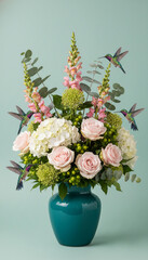 Fototapeta premium A vibrant teal vase holds a lush bouquet of pink roses, white hydrangeas, and snapdragons, with hummingbirds flitting around, symbolizing nature's delicate beauty and grace