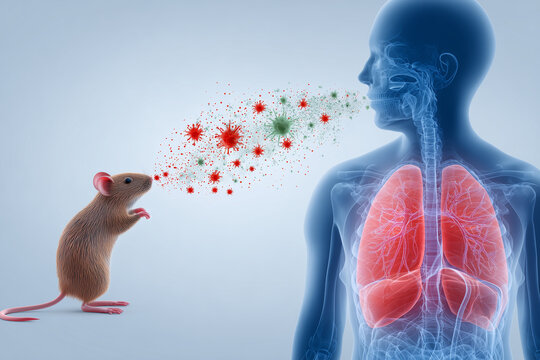 Conceptual Minimalist Artwork of Human and Rat. Hantaviruses (red and green balls) usually infect rodents. 