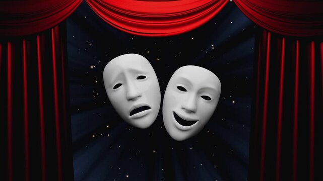 A 3d animation of professional theater stage featuring lush red velvet curtains, a polished wooden floor, and dramatic spotlights creating a perfect atmosphere for concerts and performances