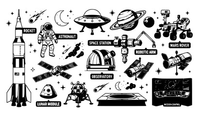 Space exploration icons vector rocket astronaut planet illustration set © MstLiza