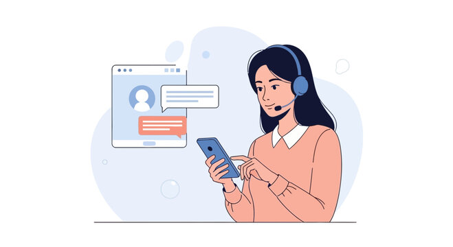 Customer Service Operator with Headset and Smartphone, Chat Interface