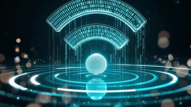 発光Wi-Fiアイコンが波紋と光滴で接続状態を示す