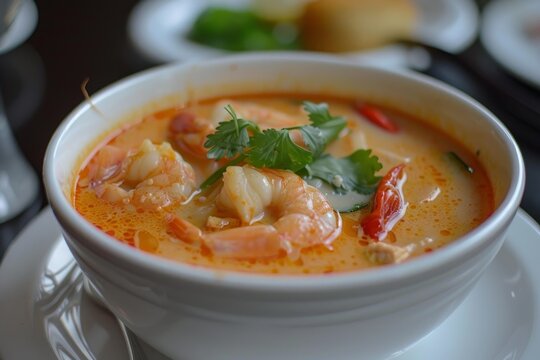 Spicy thai tom yum soup with shrimps, lemongrass, galangal, kaffir lime leaves, chili, coconut milk and coriander served in white bowl