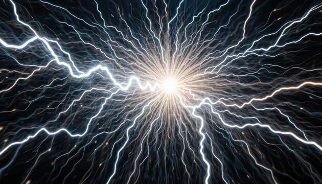 Bright white light with electric blue lightning streaks radiating outward against a dark background, creating an intense and energetic visual effect.