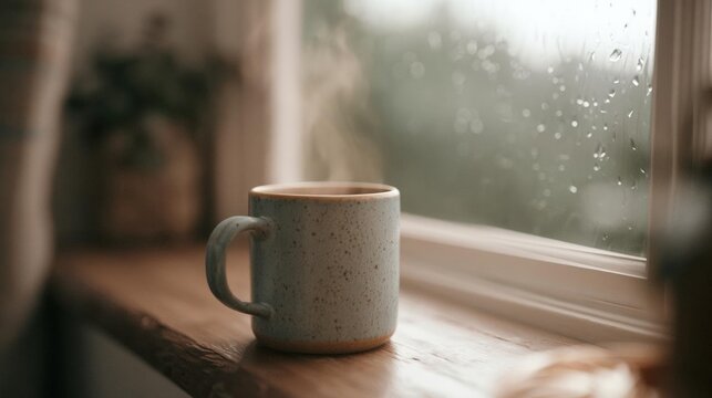 White ceramic mug with a speckled pattern sitting on a wooden window sill. the mug has a handle and appears to be empty.