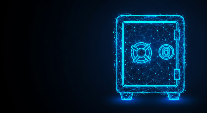 A futuristic digital safe with glowing blue lines and a secure lock mechanism on a dark background, symbolizing security and technology.