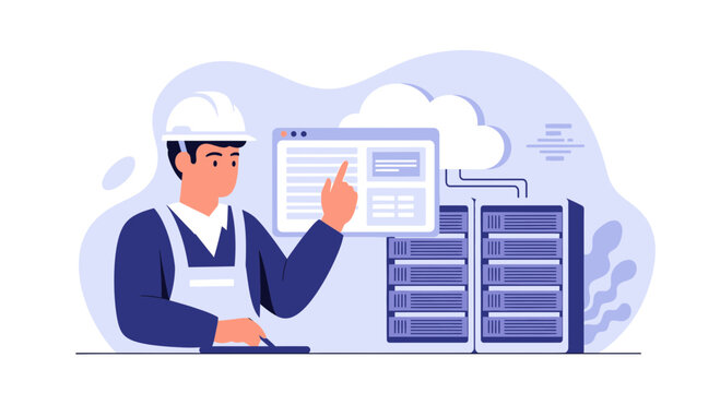 IT technician working with server racks and cloud interface