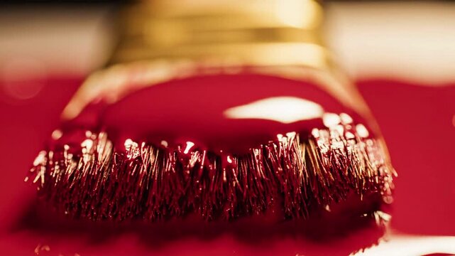 Macro closeup of a paint brush loaded with thick red paint, dripping fluid over a wet surface, abstract texture, creative visual