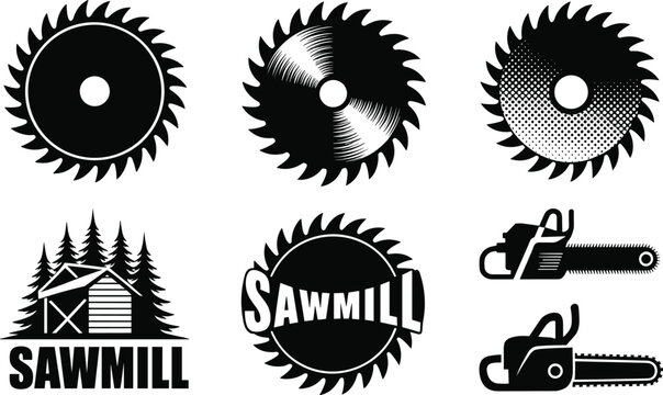 Black-and-white vector illustrations of saw blades, chainsaws, and sawmill logos representing woodworking, lumber processing, and industrial design concepts