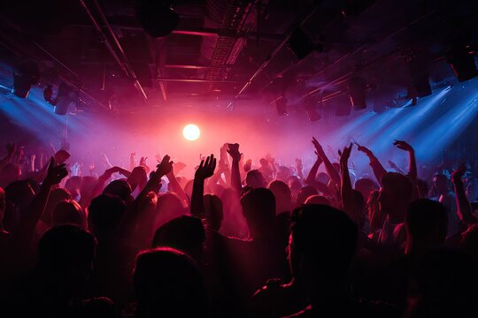 Energetic crowd dancing under vibrant club lights