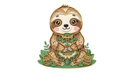 Fototapeta premium Cute sloth holding Easter egg illustration, adorable cartoon sloth with decorated eggs and green leaves, festive holiday animal character
