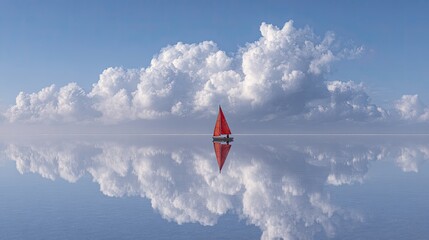 Naklejka premium Serene Sailboat on Mirrored Water Under Dramatic Clouds.
