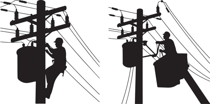 Electrician Lineman Silhouette Working on Utility Pole with Transformer