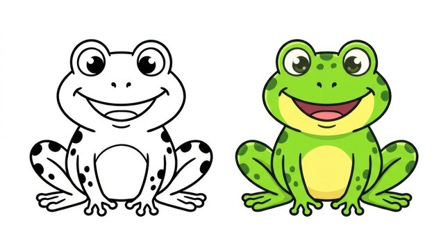 Cartoon frog illustration set color and black and white versions for children's designs