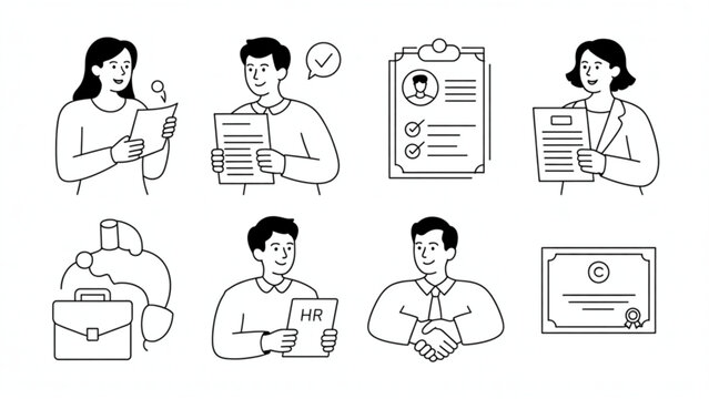 Professional Recruitment Process Line Art Vector Set Interview, Resume Review, Hiring and HR Management Icons