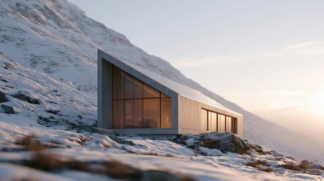 Modern house on a rocky hillside covered in snow. the house is made of concrete and has a triangular roof with large windows on the side.