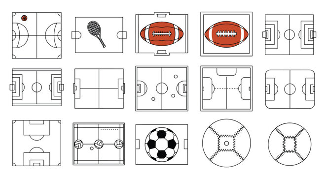 Set of blueprint style diagrams for various sports fields and equipment including basketball, tennis, football, and soccer layouts.