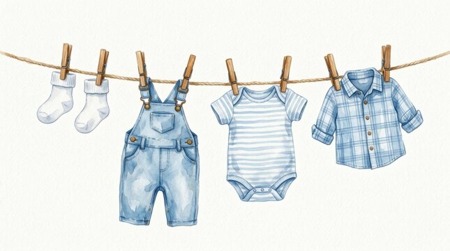 Watercolor baby clothes hanging on clothesline illustration for nursery decor