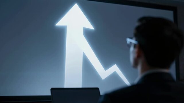 Businessman in Suit Analyzing Rising Financial Growth Arrow Graph on Large Screen in Dark Office