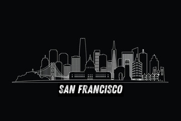 Fototapeta premium Minimal San Francisco, California, USA skyline line art with iconic landmarks and modern architecture isolated on black background illustration.
